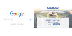 car insurance search in google on left, geico landing page on the right