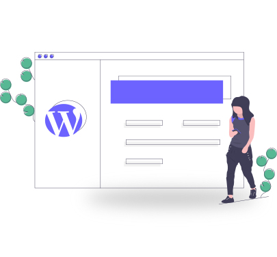lady walking in front of a large wordpress webpage