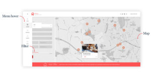 Image of realtor website showing menu hover, filter, and a map
